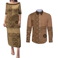 Fakaalofa Lahi Atu Niue Couples Matching Puletasi and Long Sleeve Button Shirt Vintage Hiapo Pattern Brown Version LT14 Brown - Polynesian Pride
