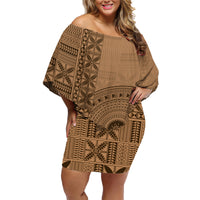 Fakaalofa Lahi Atu Niue Family Matching Off Shoulder Short Dress and Hawaiian Shirt Vintage Hiapo Pattern Brown Version LT14 Mom's Dress Brown - Polynesian Pride