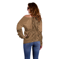 Fakaalofa Lahi Atu Niue Off Shoulder Sweater Vintage Hiapo Pattern Brown Version LT14 - Polynesian Pride