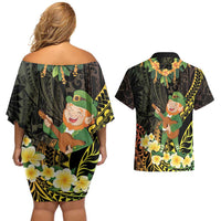 Hawaii Saint Patrick's Day Couples Matching Off Shoulder Short Dress and Hawaiian Shirt Ukulele Leprechaun Hau'Oli Maoli Oe!