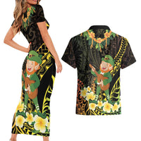 Hawaii Saint Patrick's Day Couples Matching Short Sleeve Bodycon Dress and Hawaiian Shirt Ukulele Leprechaun Hau'Oli Maoli Oe!
