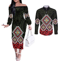 Kia Ora Aotearoa Couples Matching Off The Shoulder Long Sleeve Dress and Long Sleeve Button Shirt 2025 Pasifika Maori Taniko Motifs