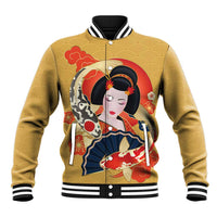 Japanese Geisha Koi Fish Baseball Jacket Cherry Blossoms Yellow Seigaiha Pattern - Polynesian Pride