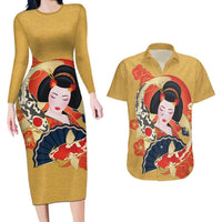Japanese Geisha Koi Fish Couples Matching Long Sleeve Bodycon Dress and Hawaiian Shirt Cherry Blossoms Yellow Seigaiha Pattern - Polynesian Pride
