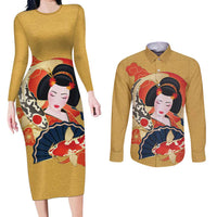 Japanese Geisha Koi Fish Couples Matching Long Sleeve Bodycon Dress and Long Sleeve Button Shirt Cherry Blossoms Yellow Seigaiha Pattern LT14 Yellow - Polynesian Pride