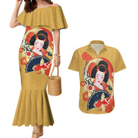 Japanese Geisha Koi Fish Couples Matching Mermaid Dress and Hawaiian Shirt Cherry Blossoms Yellow Seigaiha Pattern - Polynesian Pride