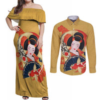 Japanese Geisha Koi Fish Couples Matching Off Shoulder Maxi Dress and Long Sleeve Button Shirt Cherry Blossoms Yellow Seigaiha Pattern - Polynesian Pride
