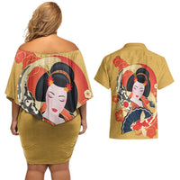 Japanese Geisha Koi Fish Couples Matching Off Shoulder Short Dress and Hawaiian Shirt Cherry Blossoms Yellow Seigaiha Pattern - Polynesian Pride