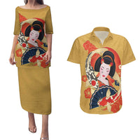 Japanese Geisha Koi Fish Couples Matching Puletasi and Hawaiian Shirt Cherry Blossoms Yellow Seigaiha Pattern - Polynesian Pride