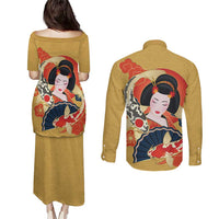 Japanese Geisha Koi Fish Couples Matching Puletasi and Long Sleeve Button Shirt Cherry Blossoms Yellow Seigaiha Pattern - Polynesian Pride