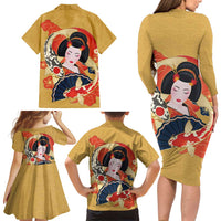 Japanese Geisha Koi Fish Family Matching Long Sleeve Bodycon Dress and Hawaiian Shirt Cherry Blossoms Yellow Seigaiha Pattern - Polynesian Pride