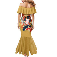 Japanese Geisha Koi Fish Family Matching Mermaid Dress and Hawaiian Shirt Cherry Blossoms Yellow Seigaiha Pattern - Polynesian Pride