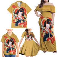 Japanese Geisha Koi Fish Family Matching Off Shoulder Maxi Dress and Hawaiian Shirt Cherry Blossoms Yellow Seigaiha Pattern - Polynesian Pride