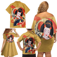 Japanese Geisha Koi Fish Family Matching Off Shoulder Short Dress and Hawaiian Shirt Cherry Blossoms Yellow Seigaiha Pattern - Polynesian Pride