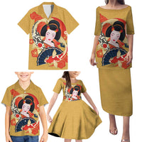 Japanese Geisha Koi Fish Family Matching Puletasi and Hawaiian Shirt Cherry Blossoms Yellow Seigaiha Pattern - Polynesian Pride
