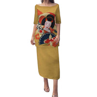 Japanese Geisha Koi Fish Family Matching Puletasi and Hawaiian Shirt Cherry Blossoms Yellow Seigaiha Pattern - Polynesian Pride