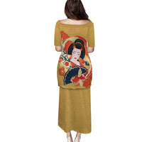 Japanese Geisha Koi Fish Family Matching Puletasi and Hawaiian Shirt Cherry Blossoms Yellow Seigaiha Pattern - Polynesian Pride