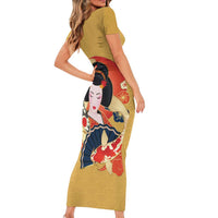 Japanese Geisha Koi Fish Family Matching Short Sleeve Bodycon Dress and Hawaiian Shirt Cherry Blossoms Yellow Seigaiha Pattern - Polynesian Pride
