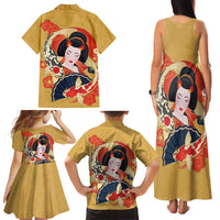 Japanese Geisha Koi Fish Family Matching Tank Maxi Dress and Hawaiian Shirt Cherry Blossoms Yellow Seigaiha Pattern - Polynesian Pride