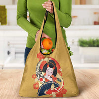 Japanese Geisha Koi Fish Grocery Bag Cherry Blossoms Yellow Seigaiha Pattern LT14 - Polynesian Pride