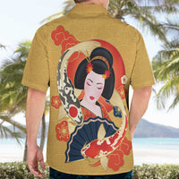 Japanese Geisha Koi Fish Hawaiian Shirt Cherry Blossoms Yellow Seigaiha Pattern - Polynesian Pride