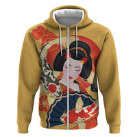 Japanese Geisha Koi Fish Hoodie Cherry Blossoms Yellow Seigaiha Pattern LT14 Zip Hoodie Yellow - Polynesian Pride