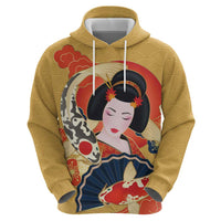 Japanese Geisha Koi Fish Hoodie Cherry Blossoms Yellow Seigaiha Pattern LT14 - Polynesian Pride