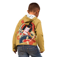 Japanese Geisha Koi Fish Kid Hoodie Cherry Blossoms Yellow Seigaiha Pattern - Polynesian Pride
