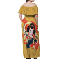 Japanese Geisha Koi Fish Off Shoulder Maxi Dress Cherry Blossoms Yellow Seigaiha Pattern - Polynesian Pride
