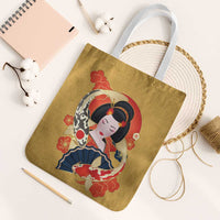 Japanese Geisha Koi Fish Tote Bag Cherry Blossoms Yellow Seigaiha Pattern LT14 White Strap One Size Yellow - Polynesian Pride