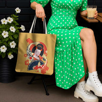 Japanese Geisha Koi Fish Tote Bag Cherry Blossoms Yellow Seigaiha Pattern LT14 - Polynesian Pride
