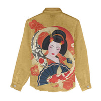 Japanese Geisha Koi Fish Women Casual Shirt Cherry Blossoms Yellow Seigaiha Pattern - Polynesian Pride