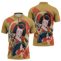 Japanese Geisha Koi Fish Zipper Polo Shirt Cherry Blossoms Yellow Seigaiha Pattern LT14 - Polynesian Pride