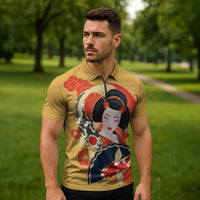Japanese Geisha Koi Fish Zipper Polo Shirt Cherry Blossoms Yellow Seigaiha Pattern LT14 - Polynesian Pride