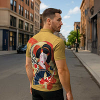 Japanese Geisha Koi Fish Zipper Polo Shirt Cherry Blossoms Yellow Seigaiha Pattern LT14 - Polynesian Pride
