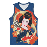 Japanese Geisha Koi Fish Basketball Jersey Cherry Blossoms Blue Seigaiha Pattern LT14 Unisex Blue - Polynesian Pride