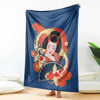 Japanese Geisha Koi Fish Blanket Cherry Blossoms Blue Seigaiha Pattern - Polynesian Pride