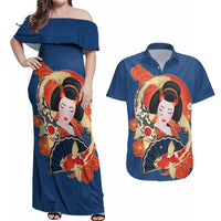 Japanese Geisha Koi Fish Couples Matching Off Shoulder Maxi Dress and Hawaiian Shirt Cherry Blossoms Blue Seigaiha Pattern - Polynesian Pride
