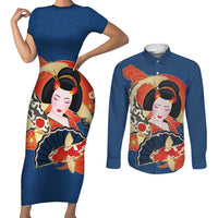Japanese Geisha Koi Fish Couples Matching Short Sleeve Bodycon Dress and Long Sleeve Button Shirt Cherry Blossoms Blue Seigaiha Pattern LT14 Blue - Polynesian Pride