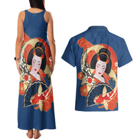 Japanese Geisha Koi Fish Couples Matching Tank Maxi Dress and Hawaiian Shirt Cherry Blossoms Blue Seigaiha Pattern LT14 - Polynesian Pride