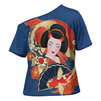Japanese Geisha Koi Fish Cross Shoulder Shirt Cherry Blossoms Blue Seigaiha Pattern LT14 - Polynesian Pride