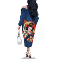 Japanese Geisha Koi Fish Family Matching Off The Shoulder Long Sleeve Dress and Hawaiian Shirt Cherry Blossoms Blue Seigaiha Pattern - Polynesian Pride