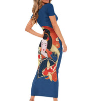 Japanese Geisha Koi Fish Family Matching Short Sleeve Bodycon Dress and Hawaiian Shirt Cherry Blossoms Blue Seigaiha Pattern - Polynesian Pride