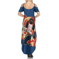 Japanese Geisha Koi Fish Family Matching Summer Maxi Dress and Hawaiian Shirt Cherry Blossoms Blue Seigaiha Pattern - Polynesian Pride