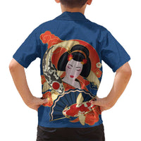 Japanese Geisha Koi Fish Hawaiian Shirt Cherry Blossoms Blue Seigaiha Pattern LT14 - Polynesian Pride