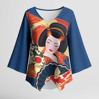 Japanese Geisha Koi Fish Kimono Sleeve Blouse Cherry Blossoms Blue Seigaiha Pattern LT14 Female Blue - Polynesian Pride