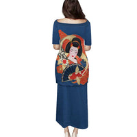 Japanese Geisha Koi Fish Puletasi Cherry Blossoms Blue Seigaiha Pattern LT14 - Polynesian Pride