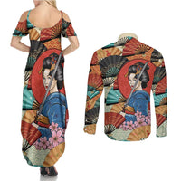 Japanese Geisha Katana Couples Matching Summer Maxi Dress and Long Sleeve Button Shirt Japan Sensu Seigaiha Pattern - Polynesian Pride