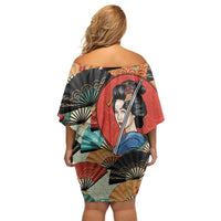Japanese Geisha Katana Family Matching Off Shoulder Short Dress and Hawaiian Shirt Japan Sensu Seigaiha Pattern - Polynesian Pride