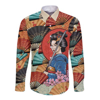 Japanese Geisha Katana Long Sleeve Button Shirt Japan Sensu Seigaiha Pattern - Polynesian Pride